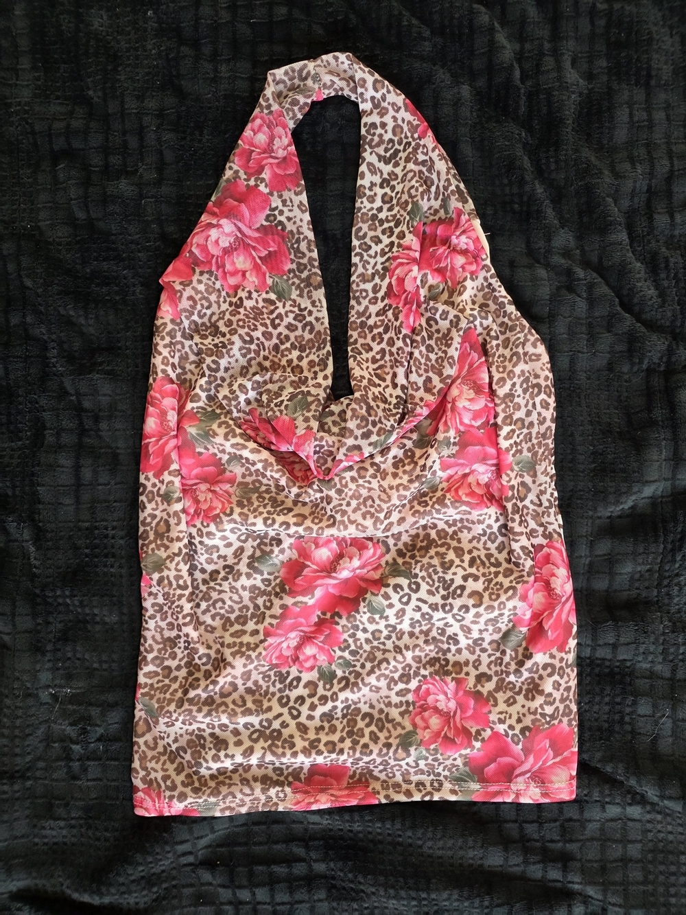 Vintage LA Express Y2K Cowl Neck Halter Top – Leopard & Pink Rose Mesh Cami